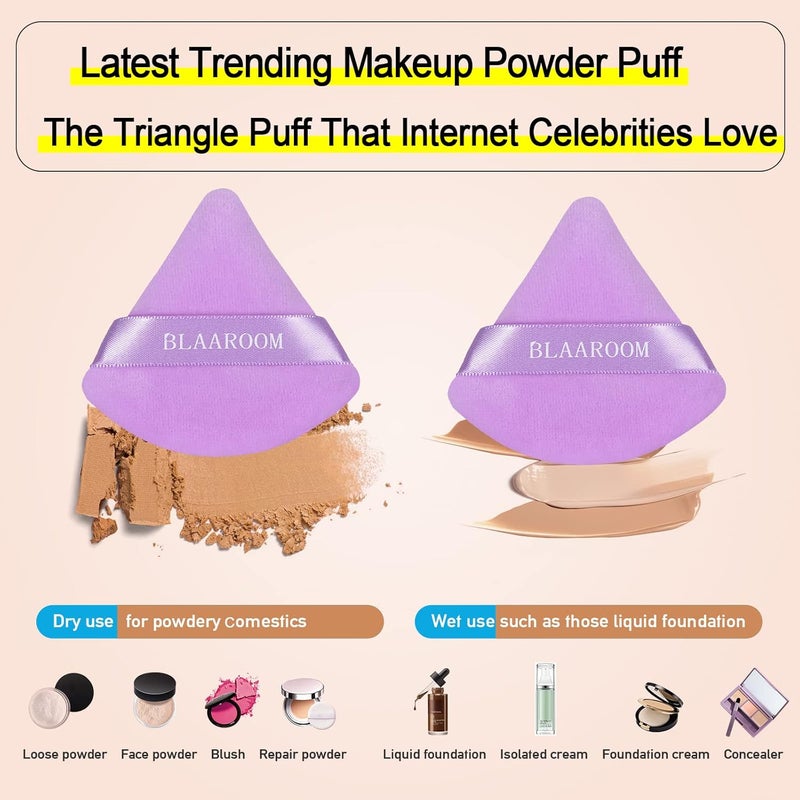 BLAAROOM 6 Pieces Powder Puff Face Makeup Velour Soft Triangle Powder Puffs for Loose Powder Mineral Powder Body Powder Wet Dry Cosmetic Foundation Sponge Makeup Tool - Purple - Image 2